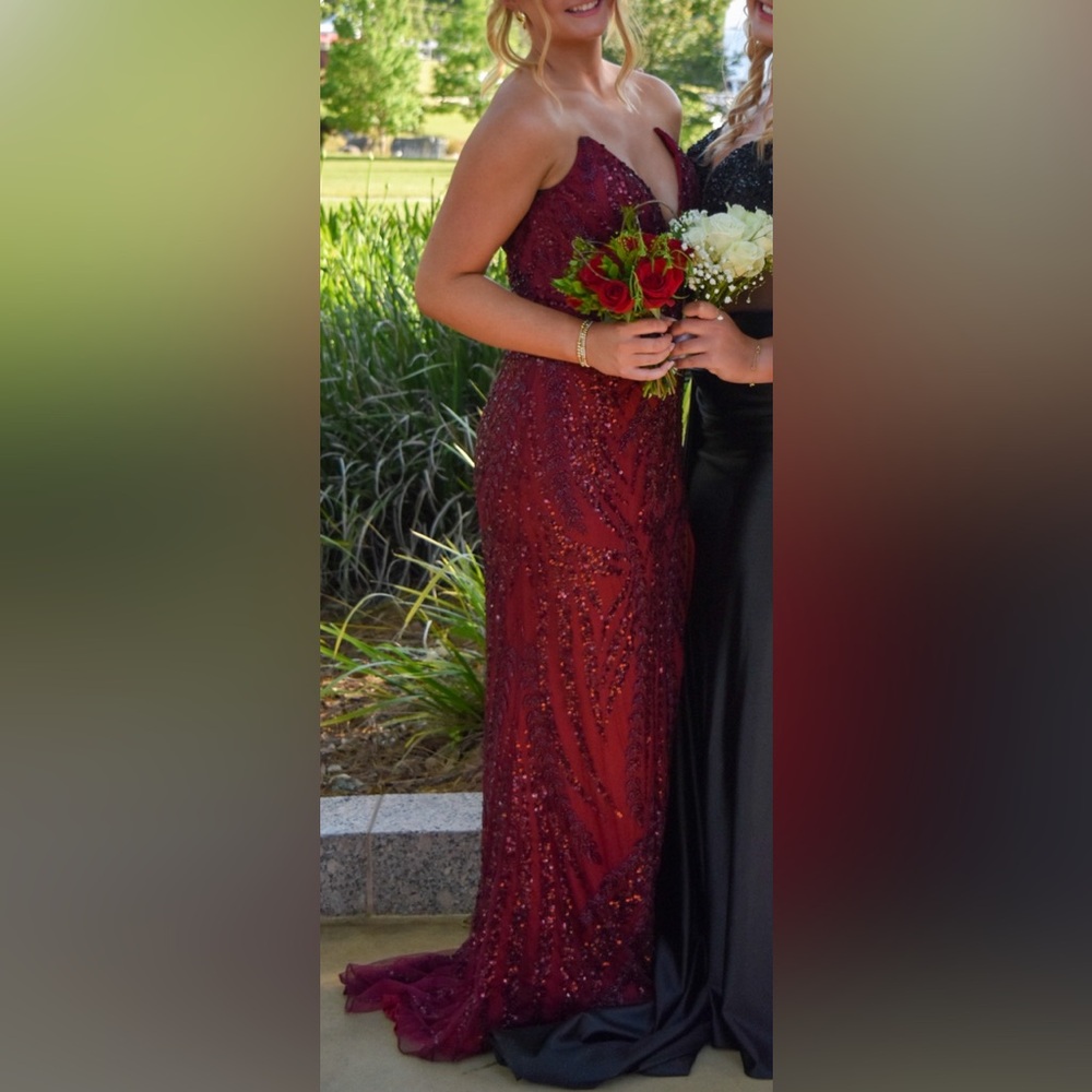 Primavera Couture Strapless Burgundy Dress